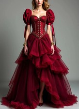 Vintage Victorian Burgundy Prom Dress Ruffles Corset ALine Special Occasion Gown