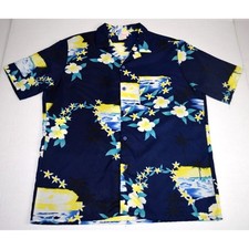 Vintage Hawaiian Shirt Islander Size L 60s 70s Deep Blue Yellow Floral