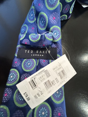 Cravatta collo seta Ted Baker London blu verde magenta 100% seta nuova con etichetta - Foto 3 di 6