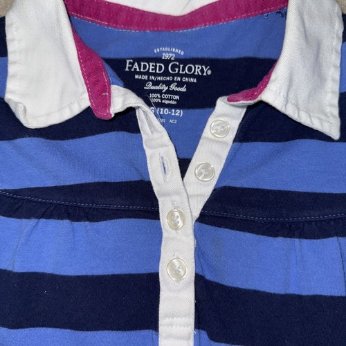 Faded Glory Girls Collared Dress Size L 10/12 Blue Stripe Short Sleeve - Picture 2 of 3