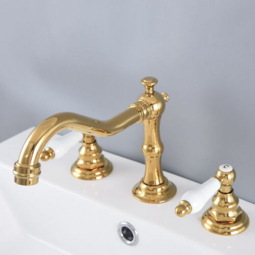 Gold Color Brass Widespread Bathroom Sink Faucet 3 Hole Basin Mixer Tap mnf982 - Picture 1 of 9