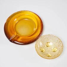 Vintage Amber Glass Ashtray and Hobnail Footed Bowl 2pc Lot MCM