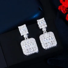 Brilliant White Gold Cubic Zirconia Square Dangle Drop Earring Costume Jewellery