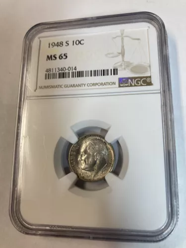 Bright 1948 - S NGC MS 65 SILVER  Roosevelt Dime