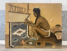 🔥 Antique Old Native American Indian NAVAJO Rug Weaving Oil Painting, 1922