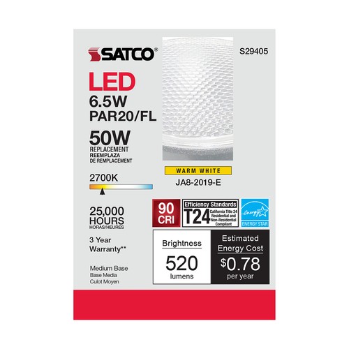 Satco S29405 6.5W =50W PAR20 LED Bulb 120V 40° Medium E26 Base 2700K Warm White - Picture 10 of 11