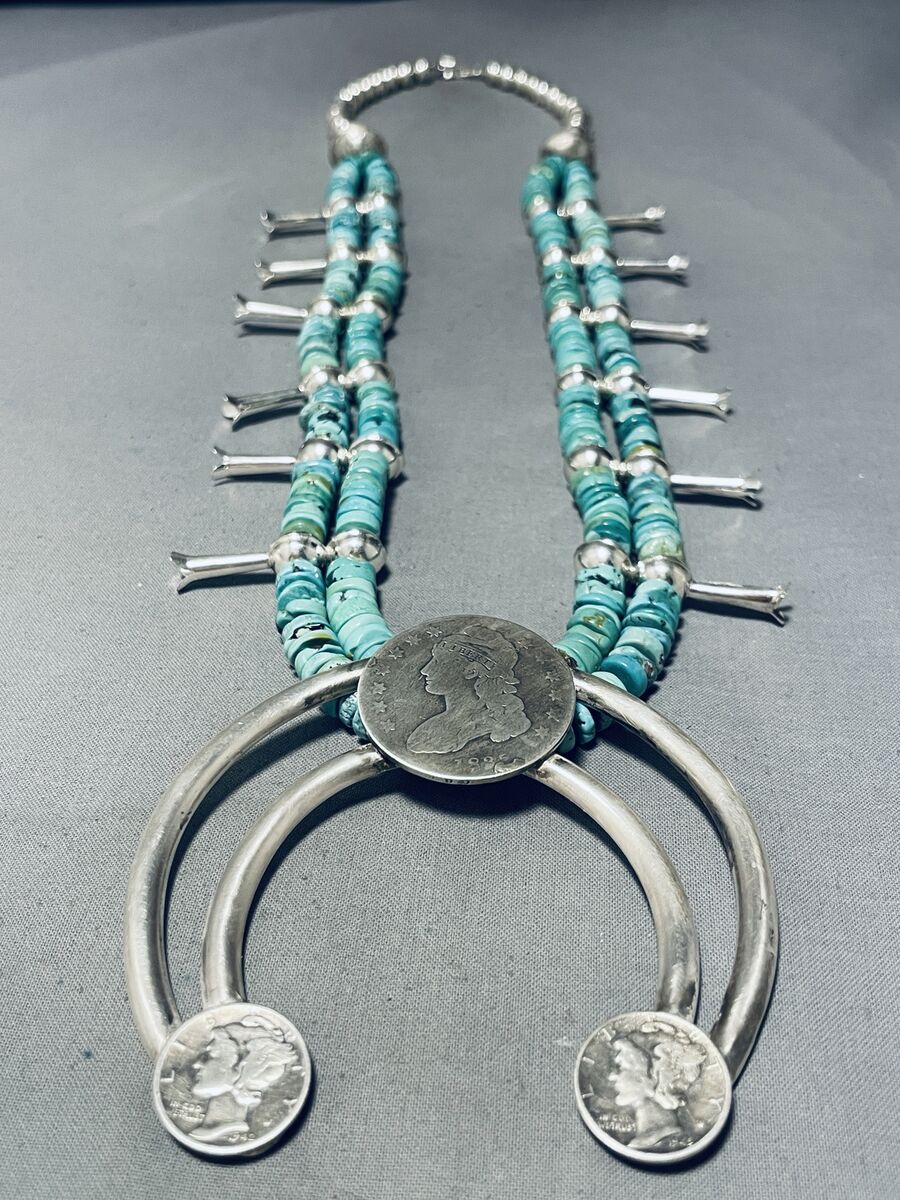 191 Gram Vintage Native American Navajo Turquoise Sterling Silver Squash Blossom Necklace 191 Gram Vintage Native American Navajo Turquoise Sterling Silver Squash Blossom Necklace