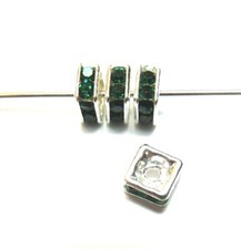 4 Pcs  4mm  EMERALD GREEN  SILVER SQUAREDELLS  SWAROVSKI CRYSTAL BEADS