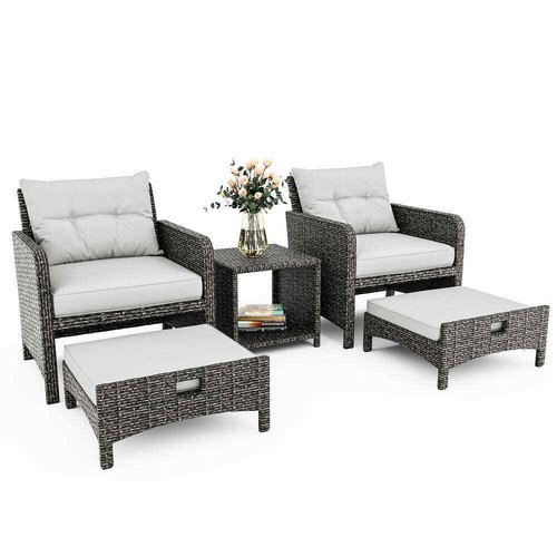 5-Pieces Wicker Patio Furniture Set Outdoor Patio Chairs With Ottomans, Gray Cus
