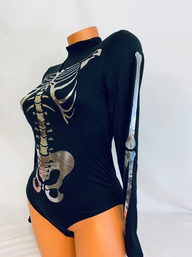 GAZE DTLA Long Sleeve Halloween Skeleton Bodysuit One Piece Metallic Black Sz S - 第 5/8 張圖片