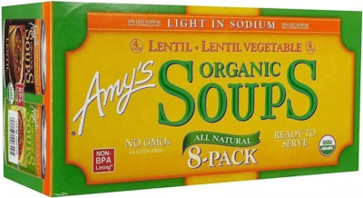 Amy's Organic Light Sodium Lentil & Lentil Vegetable Soups USDA Non GMO 8-Pack