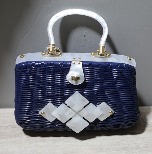 1950's British CROWN COLONY HONG KONG Navy Wicker & White Lucite Sears Purse NEW - Picture 2 of 13