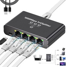 Gigabit Ethernet Splitter 1 to 4 - 1000Mbps RJ45 Port Router Switch Black