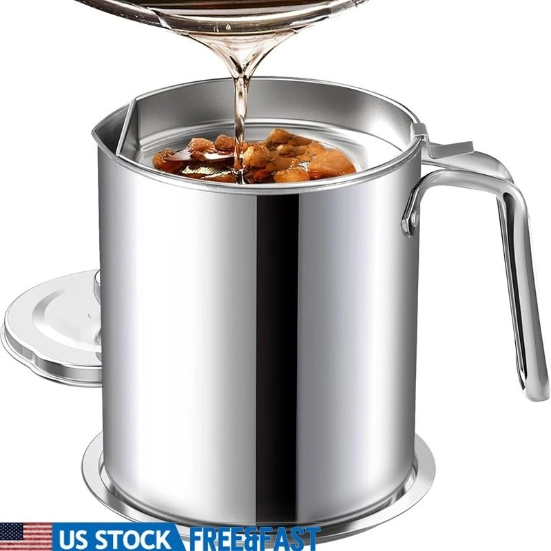 Stainless Steel Oil Strainer Pot W/ Fine Mesh Filter & Drip Free Spout New