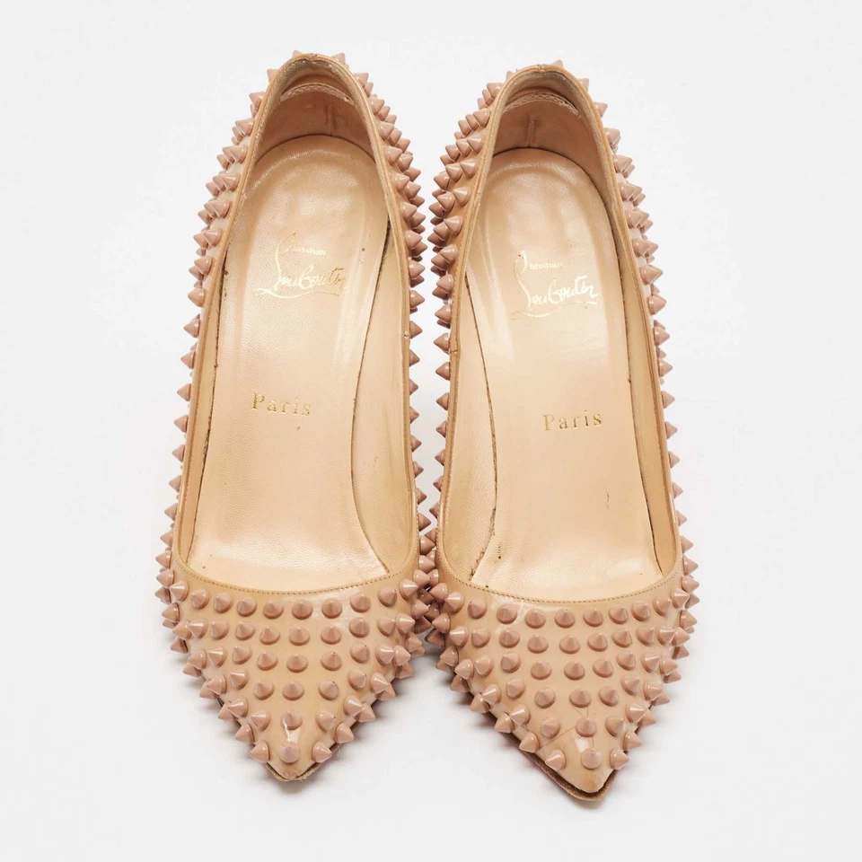 Christian Louboutin Beige Patent Leather Pigalle Spikes Pointed Toe Pumps Size - Image 3 of 4