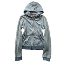 Vintage Juicy Couture Women's Dusty Blue Velour Zip Up Hoodie Pockets Size L