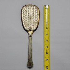 Gold Tone Hair Brush Metal Frame Floral Plastic Insert Vanity Decor 10" Vintage