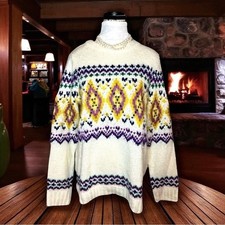 Talbots Women Large Wool Sweater White Fair Isle Classic Crew Winter Ski preppy