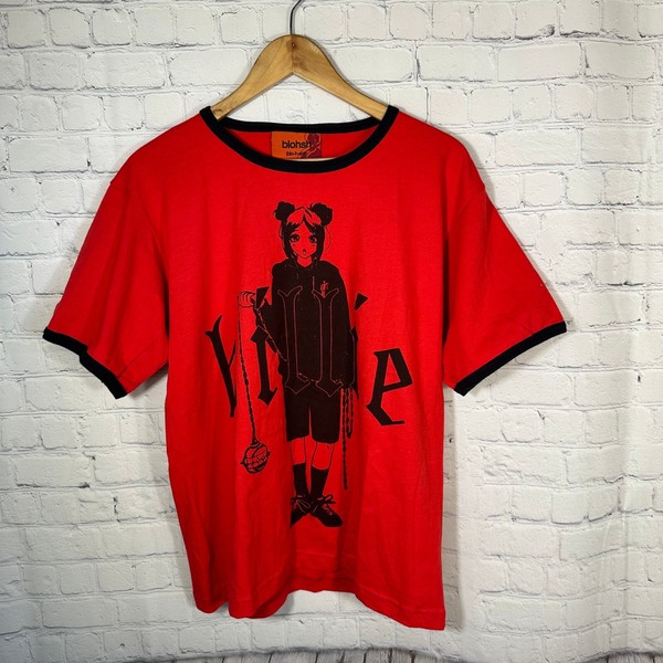 Billie Eilish Blohsh Red Anime Graphic Ringer T-Shirt Womens Medium Black Trim
