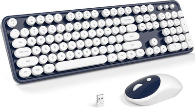 Teclado raton inalambrico blanco azul 104 teclas redondas 24 GHz PC laptop