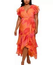 Xscape Plus 14W NWT Orange Pink Floral Maxi Dress Flutter Sleeve Tiered Ruffle