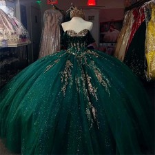 Emerald Green Off-Shoulder Sequin Quinceanera Dress Bead Appliques Birthday Bow