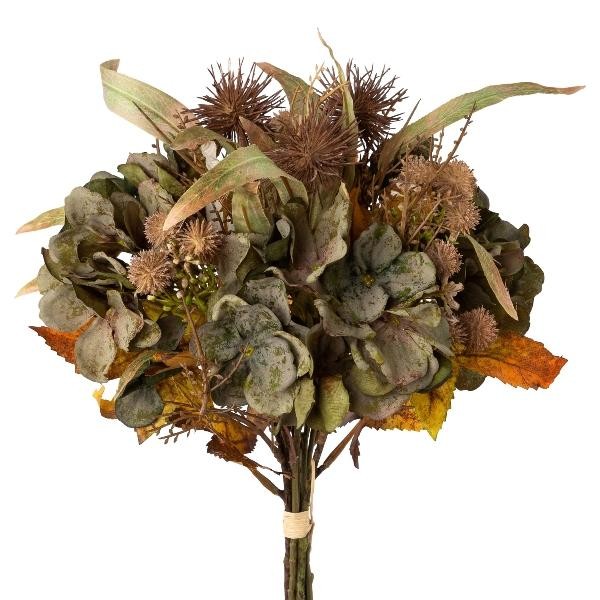 artplants Deko Blumenstrauß Hortensie Kugeldistel Fisma, GrüN-Braun, 45Cm-image