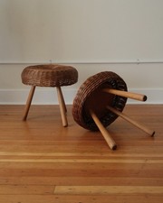 Tripod Wood and Wicker Stools in the Manner of Tony Paul, Yugoslavia 1960s