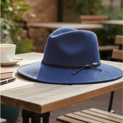 Francesca's Packable Panama Hat Braided Trim Dark Navy Blue Travel Friendly