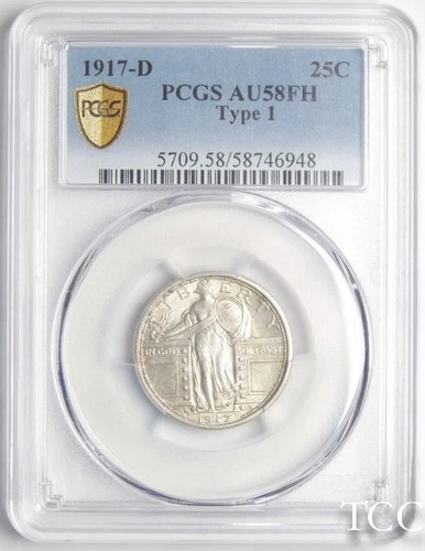 1917 D STANDING LIBERTY QUARTER ~ PCGS GRADED AU58 FH ~ FULL HEAD 25c COIN ~ TCC