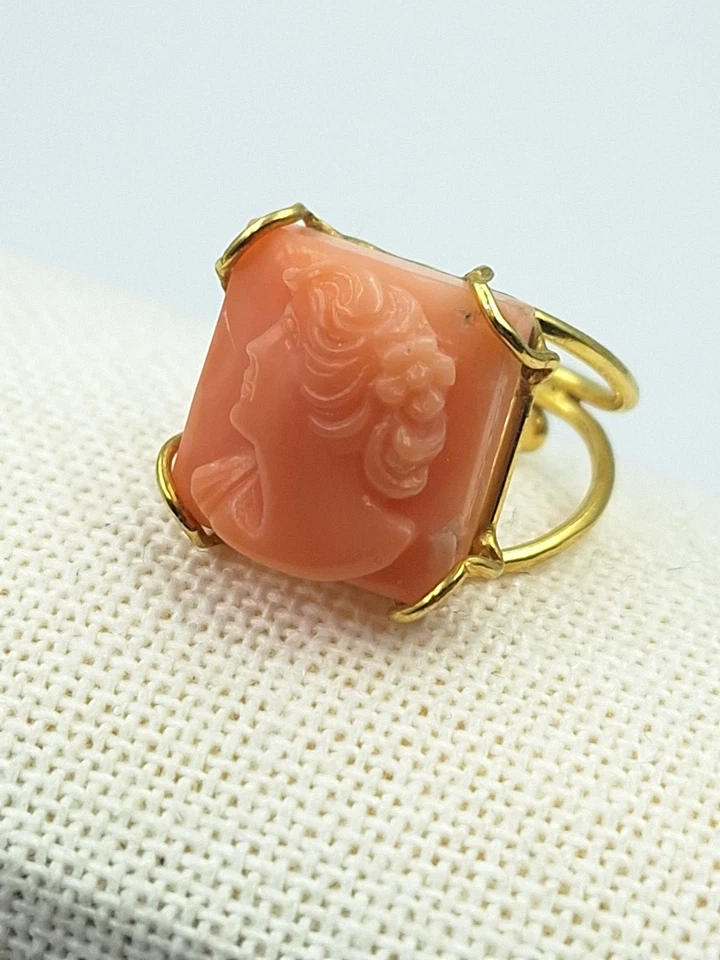 Anello Cameo vero corallo Antico ROSA Di Sardegna Argento 925 Oro Giallo 18 KT - Immagine 3 di 4