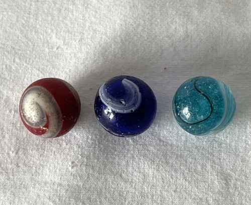 3 x Different, Worn ~43/64" Vintage Machine Made Glass Marbles #A547