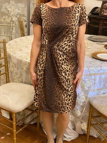 MOSCHINO BROWN LEOPARD PRINT CAP SLEEVE RUCHED GATHERED SHEATH COCKTAIL DRESS ML - Picture 4 of 8