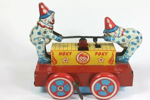 WYANDOTTE TOYS HOKY POKY CLOWN CART TIN WIND UP TOY WORKS 1930s