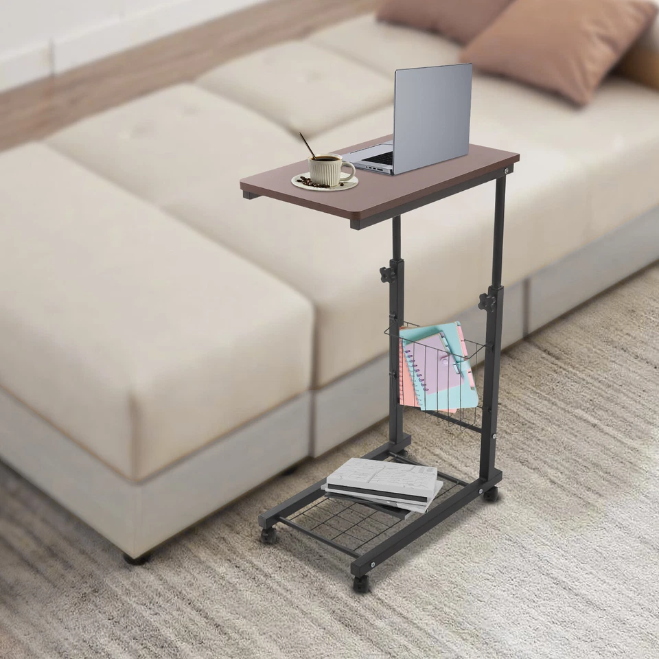 2 Tiers Red Walnut Color Mobile Standalone Adjustable Bed Side Table w/ Wheels - Image 3 of 4