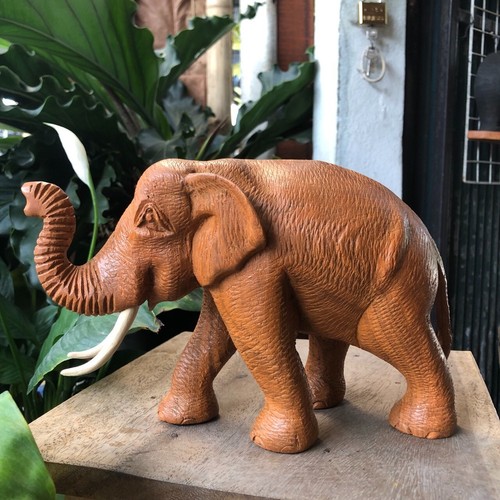 WOODEN Elephant Wood Carved Hand Made Figurine Statue Decor Sculpture Trunk Up - Picture 2 of 11