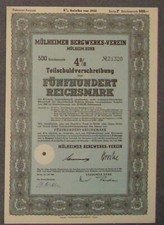M&uuml;lheimer Bergwerks-Verein M&uuml;lheim/Ruhr 4 % Anleihe 1942 500 RM Serie F