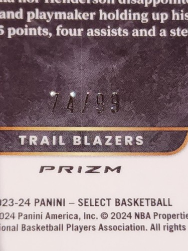 2023-24 Select NBA Scoot Henderson Purple Ice Prizm /99  RC Trail Blazers - Picture 3 of 3