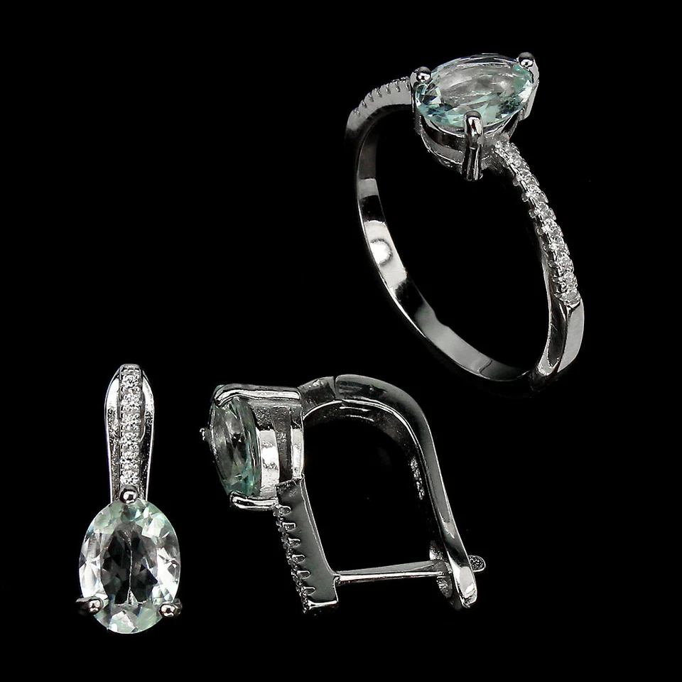 925 Argento Sterling Ovale Acquamarina 8x6mm Gemma Pietra Naturale Gioielli Set - Immagine 2 di 4