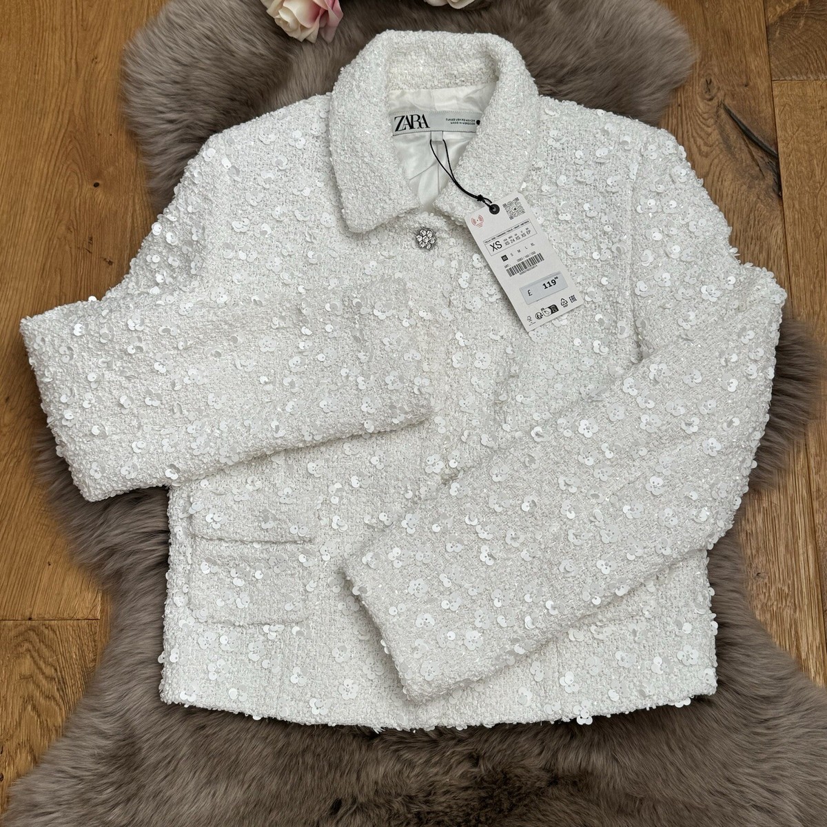 ZARA WOMAN NWT SS24 ZW COLLECTION SHORT SEQUIN JACKET WHITE