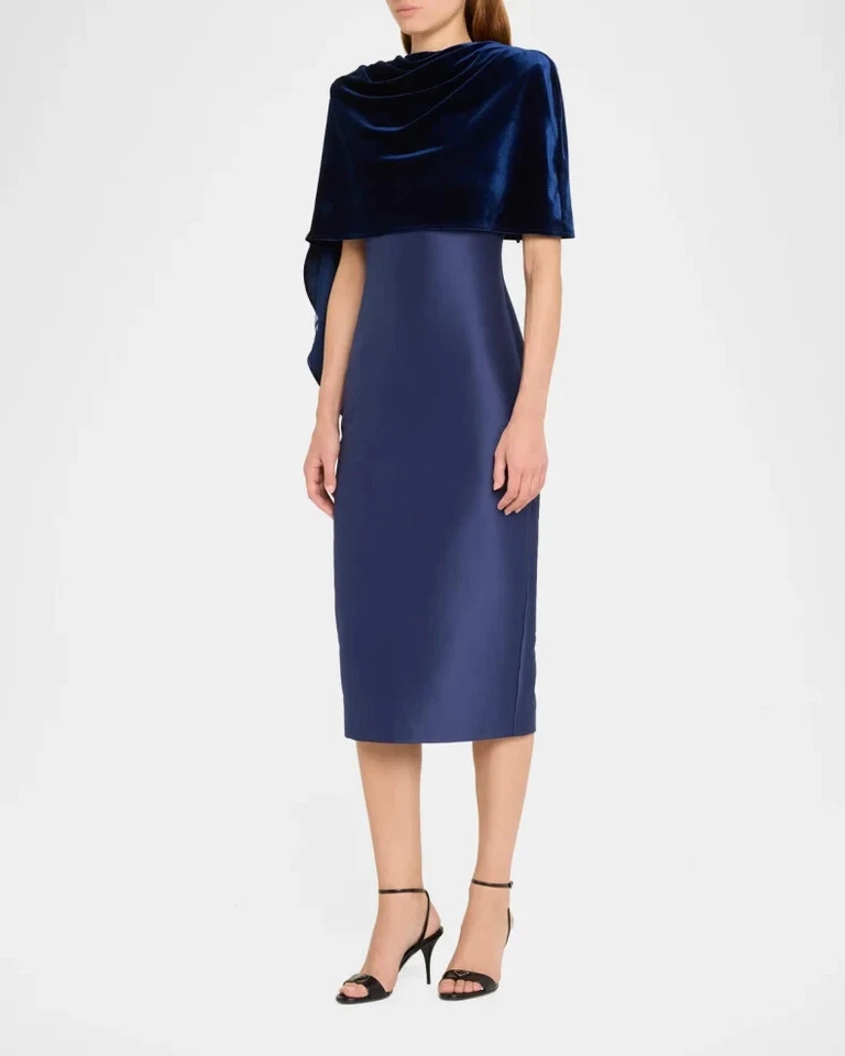 Vestido Vaina Badgley Mischka Terciopelo Envolvente Midi Azul Marino Talla 4 Modesto $750 Cóctel Foto 3 de 4