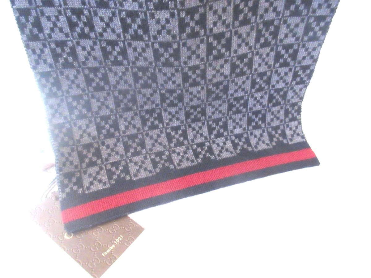GUCCI SCARF 347979 100% WOOL DIAMANTE GREY & BLUE RED STRIPE SCARF
