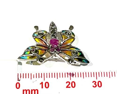 Sterling Silver Plique a Jour Art Deco Ruby and Marcasite Butterfly Brooch Pin - Picture 3 of 4