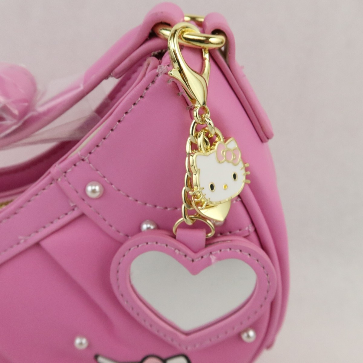 Hello Kitty Purse Bag Baguette Pink Heart Pearl Beads Bow Mirror