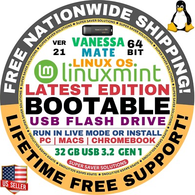 Linux MINT 21 USB VANESSA Mate 64-Bit Live Boot, Full Install for MAC, PC