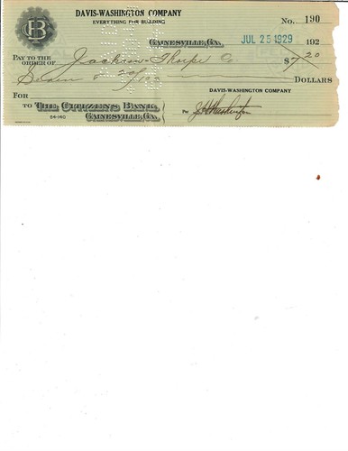 Gainesville, Ga- 1929 Check of Davis-Washington Company to Jacob Thorpe Co $7.20 - Foto 1 di 2