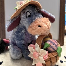Disney Store Eeyore 6" Bean Bag Plush with Easter Bonnet  Basket Easter Basket