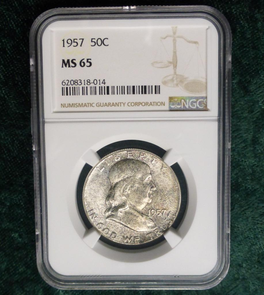 1957 NGC MS 65 Franklin Silver Half Dollar Coin, USA Silver 50C