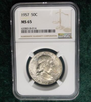 1957 NGC MS 65 Franklin Silver Half Dollar Coin, USA Silver 50C