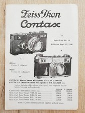 ZEISS IKON CONTAX PRICE LIST 1936 Vintage Fold Out Camera Lens Accessories Eng